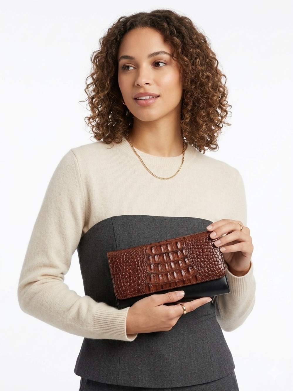 Vintage Brahmin Bi-Fold Wallet – Black Leather & Cognac Croc Embossed